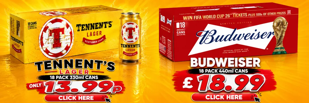 TENNENTS/BUDWEISER 18 PACK £13.99/£18.99
