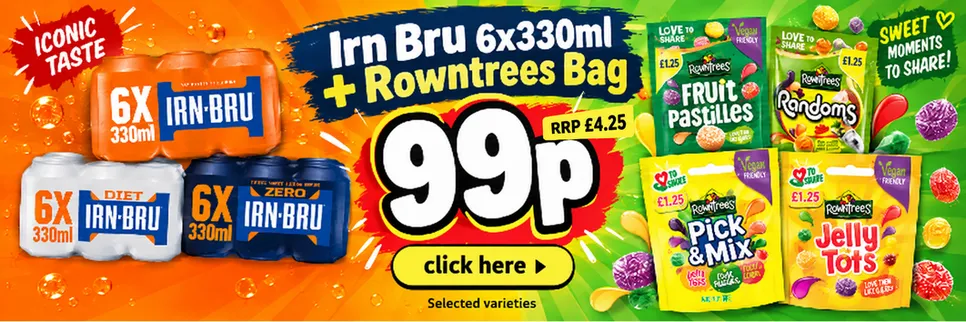 99p Irn Bru 6 x 330ml + Rowntree Sweets 