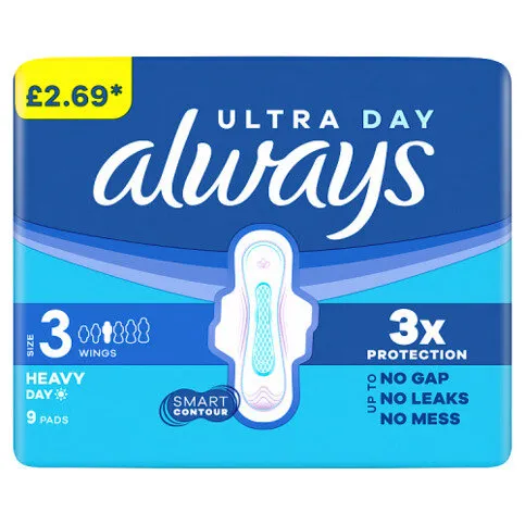 Always Ultra Sanitary Towels Heavy Flow Day (Size 3) Wings 9 Pads For Menstrual Periods