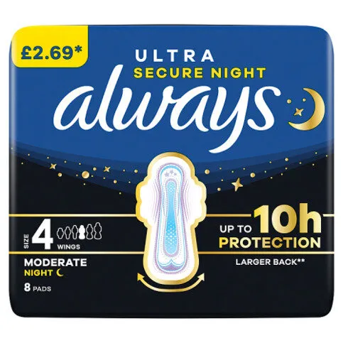 Always Ultra Sanitary Towels Moderate Night (Size 4) Wings 8 Pads, For Menstrual Periods