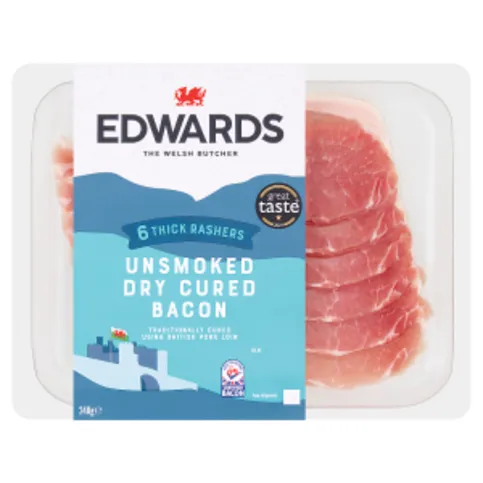 Edwards 6 Thick Rashers Unsmoked Dry Cured Bacon 240g