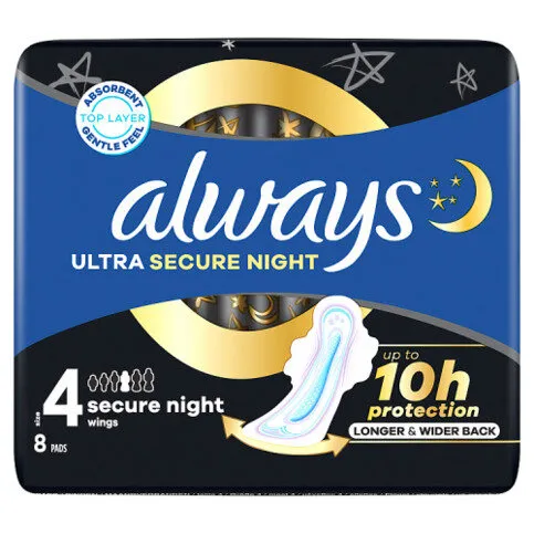 Always Ultra Sanitary Towels Secure Night (Size 4) With Wings 8 Pads