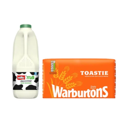 99p Breakfast Essentials - Warburtons Toastie 800g & Muller Semi Skimmed 2L