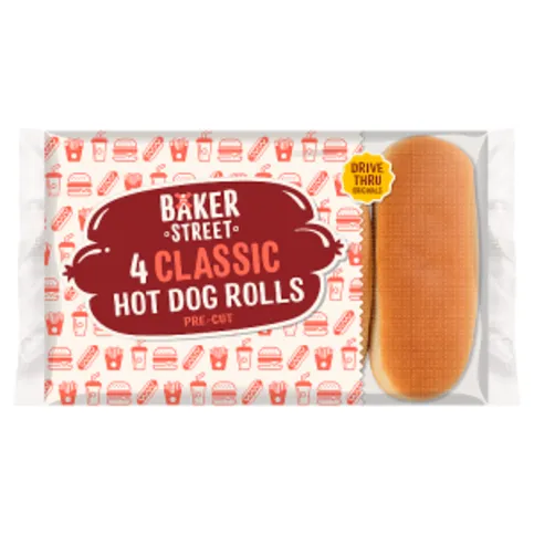 Baker Street Classic Hot Dog Rolls Pre-Cut 4 Pack