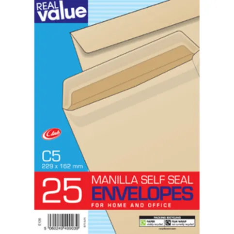 Real Value Manilla Self Seal Envelopes C5 25 Pack