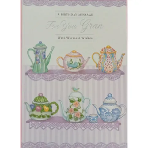 Gran Happy Birthday Greeting Card Traditional Teapots With Warmest Wishes