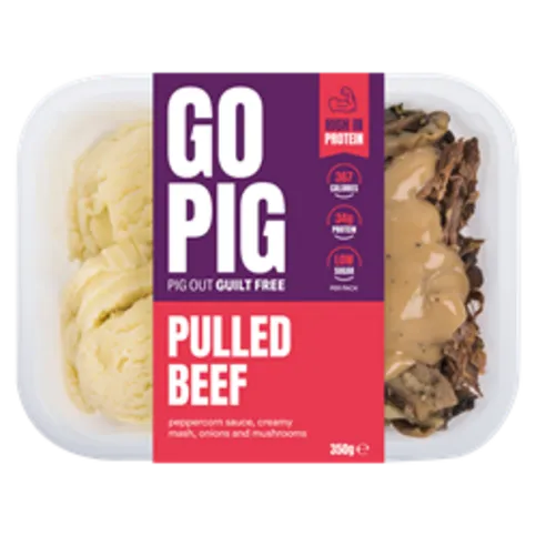 CHILLED: GO PIG PULLED BEEF WITH PEPPERCORN SAUCE, MASH & ONIONS 350G
