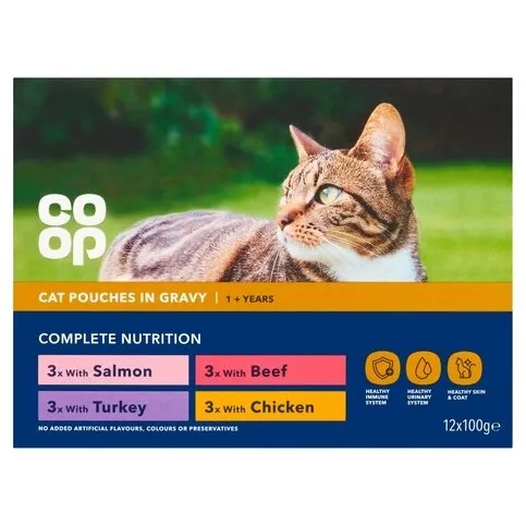 Coop – Chicken, Beef, Salmon, & Turkey _ Tasty Chunks in Gravy _ 1+ years, 12 x 100g pouches