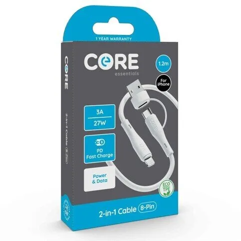 Core 2-in-1 8-Pin to Type-C/A Cable 1.2m TPE White 2.4A 27W PD (95910757)