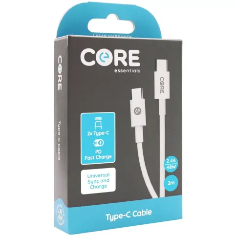 Core 2 Metre USB Type-C to USB Type-C PD 48 Watt Fast Charge & Sync Cable - White