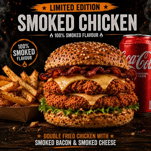 Double chicken burger, smoked bacon, cheese meal