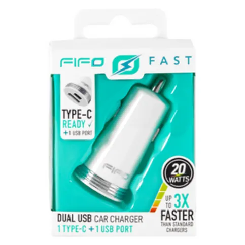 Fifo Fast Dual USB Car Charger Type C & USB Port