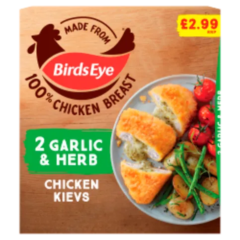 FROZEN: BIRDS EYE GARLIC & HERB CHICKEN KIEVS PM£2.99 204G