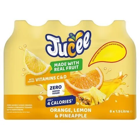 JUCEE ORANGE LEMON PINEAPPLE SQUASH PM£1.59 1.5LTR