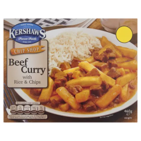 Kershaws Chip Shop Beef Curry with Rice & Chips 460g - Frozen Food
