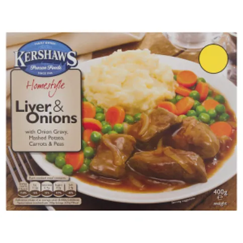 Kershaws Homestyle Liver & Onions with Onion Gravy, Mashed Potato, Carrots & Peas 400g