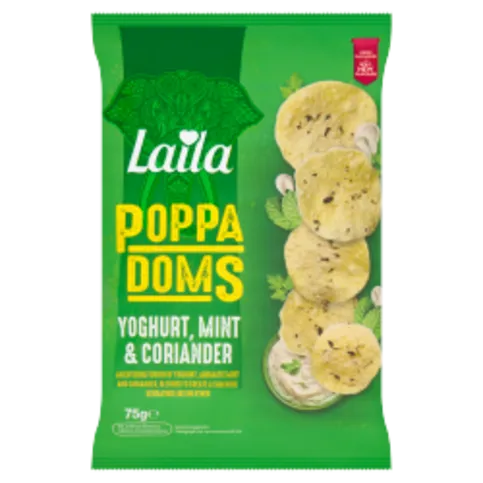 LAILA MINI POPPADOMS YOGURT, MINT & CORIANDER 75G