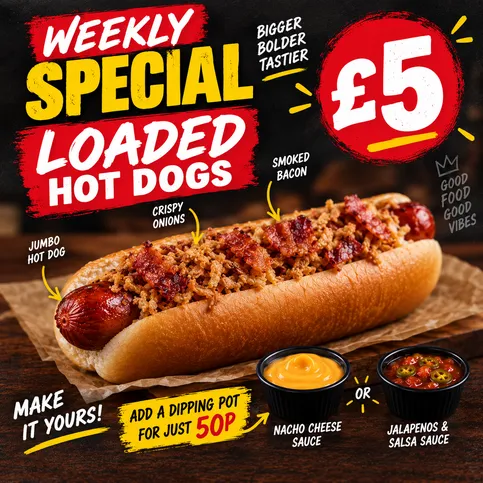 Loaded Jumbo Hot Dog with Crispy Onion, Smoked Bacon