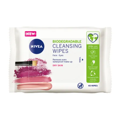 NIVEA Biodegradable Gentle Cleansing Wipes Dry Skin 40pc