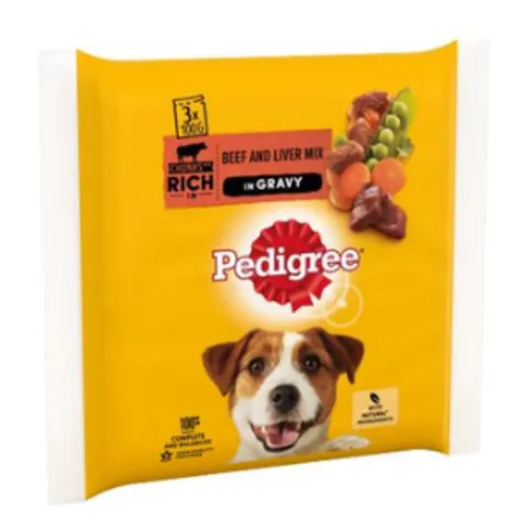 Pedigree Adult Wet Dog Food Pouches Beef in Gravy 3 x 100g