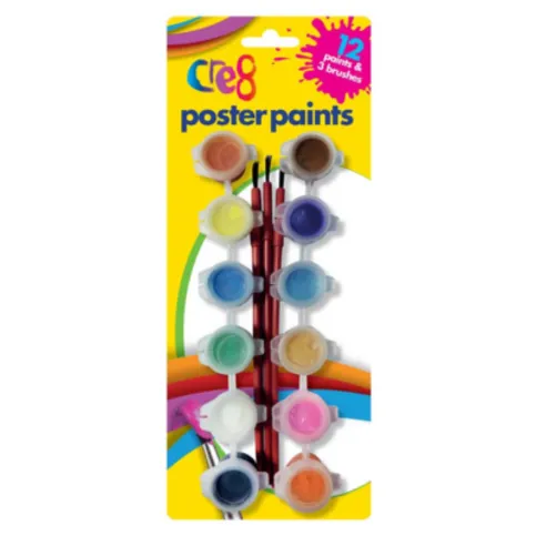 Cre8 Poster Paints 12 Colours & 3 Brushes