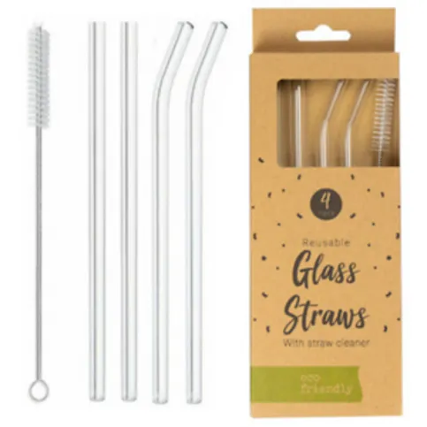 Glass Drinking Straws Eco Friendly Reusable Party With Cleaning Brush 4 Pack