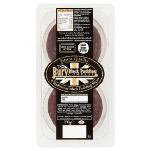 The Bury Black Pudding Company 4 Traditional Black Pudding Slices 230g
