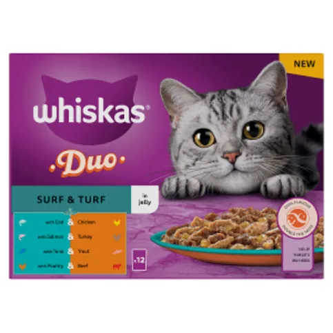Whiskas 1+ Duo Surf and Turf Adult Wet Cat Food Pouches in Jelly 12 x 85g