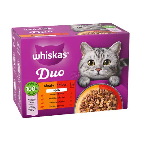 WHISKAS 1+ DUO MEATY Combos Wet Cat Food Pouches in Jelly 12 x 85g