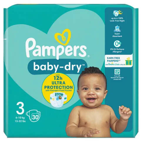 Pampers Baby-Dry Size 3, 30 Nappies, 6kg-10kg, Carry Pack