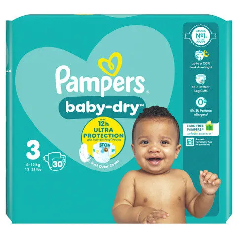 Pampers Baby-Dry Size 3, 30 Nappies, 6kg-10kg, Carry Pack
