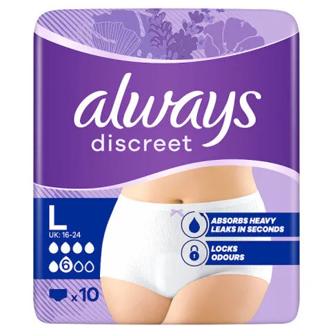 Always Discreet Incontinence Pants Women, Normal, L, 10 Pants