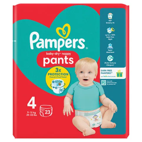 Pampers Baby-Dry Nappy Pants Size 4, 23 Nappies, 9kg-15kg, Carry Pack