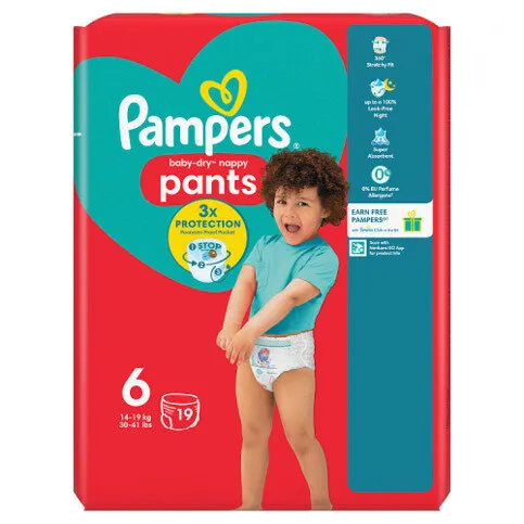 Pampers Baby-Dry Nappy Pants Size 6, 19 Nappies, 14kg-19kg, Carry Pack