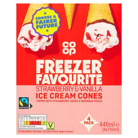 Co-op Strawberry & Vanilla Ice Cream Cones 4 x 110ml (440ml)