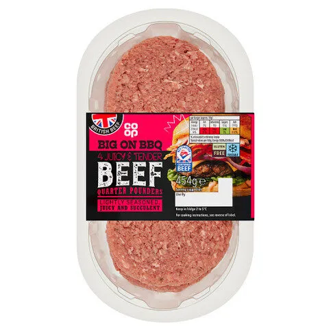 Co-op Big on BBQ 4 Juicy & Tender Beef Quarter Pounders 454g