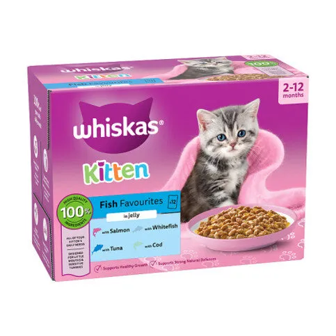 WHISKAS Kitten 2-12 mnths FISH Favourites Wet Cat Food Pouches in Jelly 12 x 85g