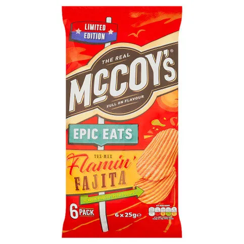 McCoy's Limited Edition Epic Eats Tex-Mex Flamin' Fajita Flavour Ridge Cut Potato Crisps 6 x 25g
