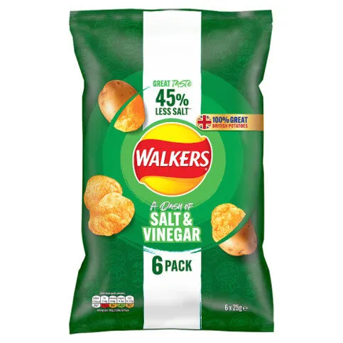 Walkers Less Salt A Dash of Salt and Vinegar Multipack Crisps 6x25g
