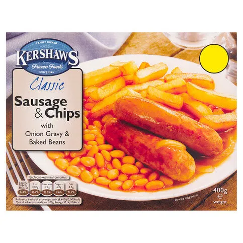 Kershaws Classic Sausage & Chips with Onion Gravy & Baked Beans 400g