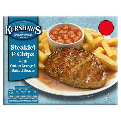 Kershaws Frozen Foods Steaklet & Chips with Onion Gravy & Baked Beans 360g