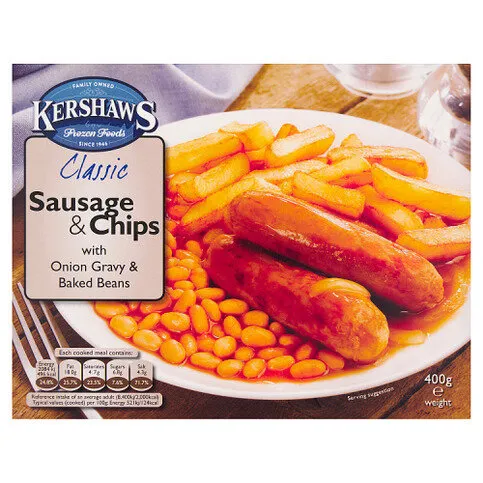Kershaws Classic Sausage & Chips with Onion Gravy & Baked Beans 400g