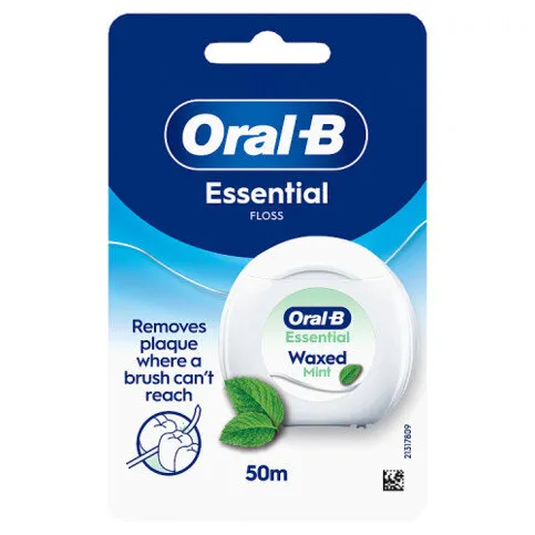Oral-B Essential Floss - Removes Plaque - Waxed Dental Floss for Tight Spaces - Mint Flavour - 50m