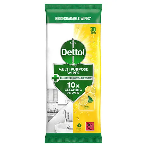 Dettol Antibacterial Multipurpose Cleaning Wipes, Citrus Zest, 30 Large Wipes