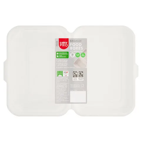 CaterPro Bagasse Food Boxes with Hinged Lids 7x5”/127x178mm 