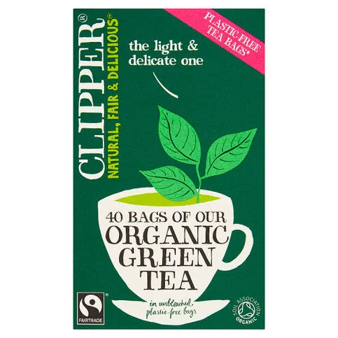 Clipper Fairtrade 40 Organic Green Tea in Unbleached, Plastic-Free Bags 80g
