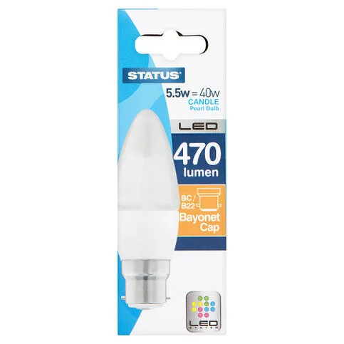 Status 5.5w=40w Candle Pearl Bulb LED 470 Lumen Bayonet Cap