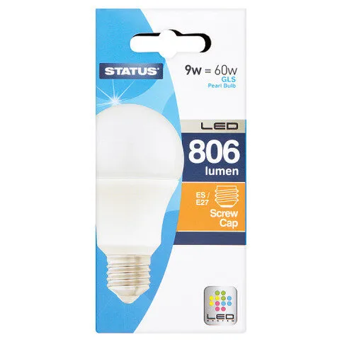 Status 9w=60w GLS Pearl Bulb LED 806 Lumen Screw Cap