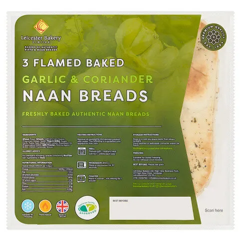 Leicester Bakery Limited 3 Flamed Baked Garlic & Coriander Naan Breads