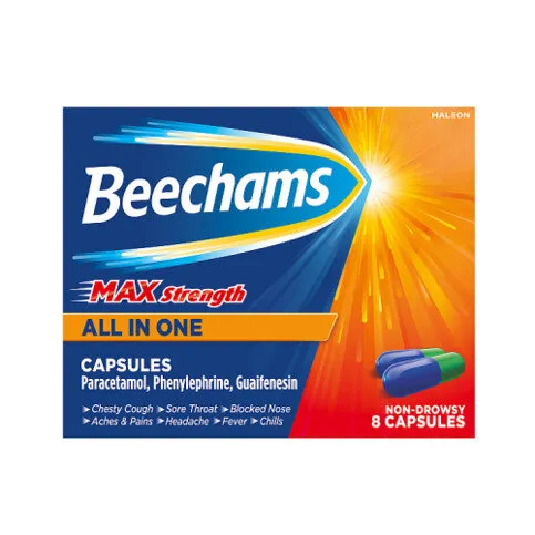 Beechams Max Strength Capsules, Cold & Flu Relief with Paracetamol, 8s